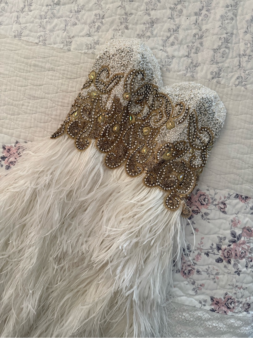 Sherri Hill Ivory Feathered Strapless Dress with Gold Beaded Bodice